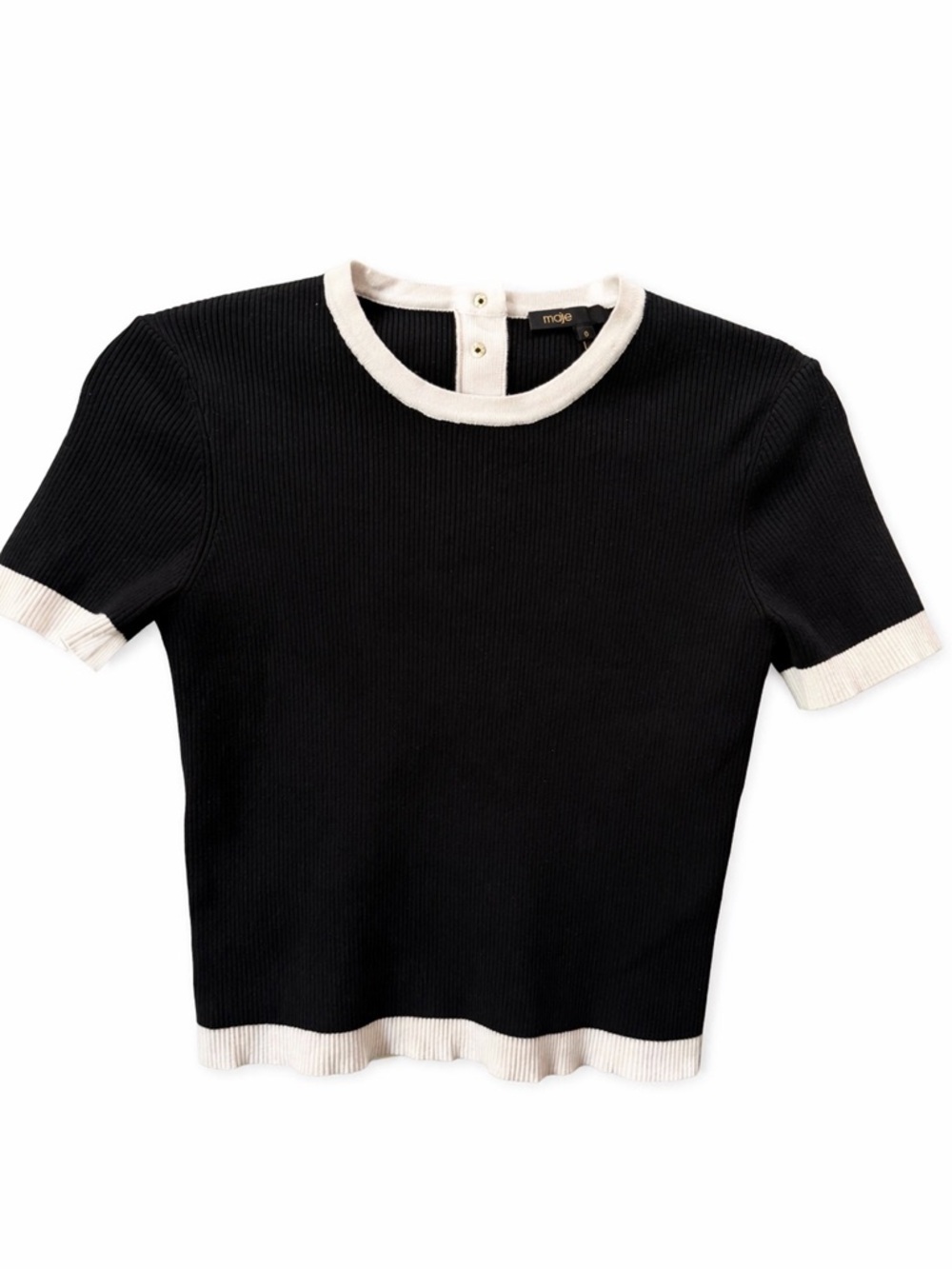 Maje Ribbed Knit Contrast Trim Crop Top Black Ivory Size 0 Short Sleeve
